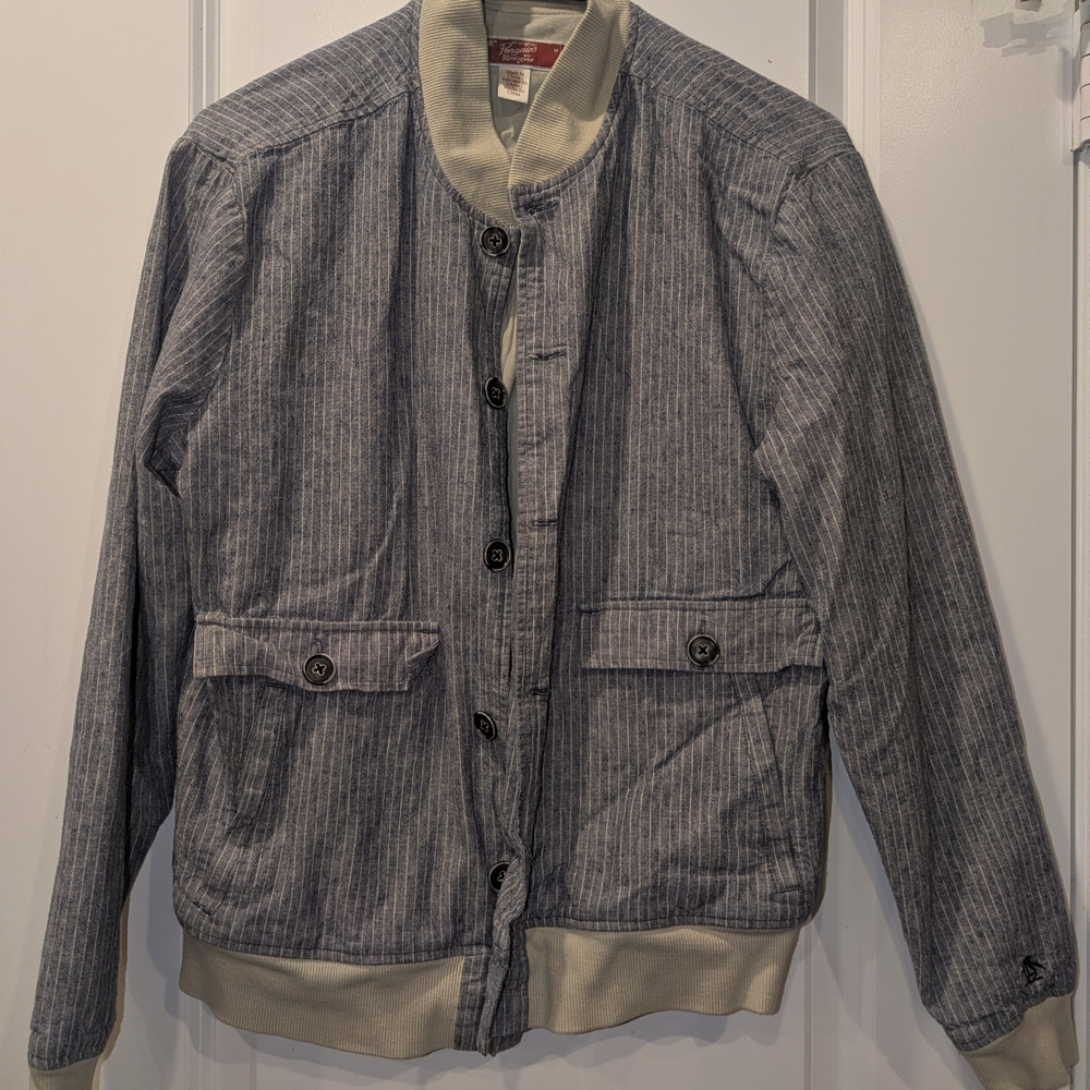 Original Penguin Blue Pinstripe Bomber Jacket Linen Blend Button Front Size M